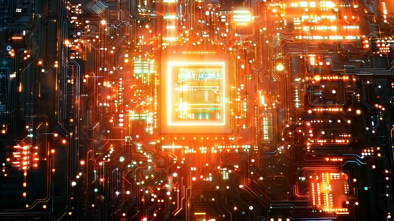 una scheda di circuito di computer con un chip di computer al centro