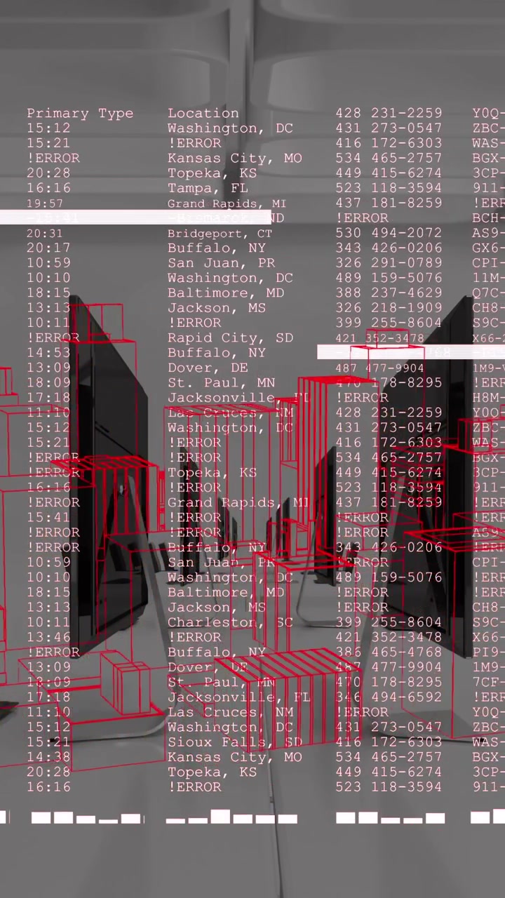Animation of data processing and 3d spinning city model against empty office