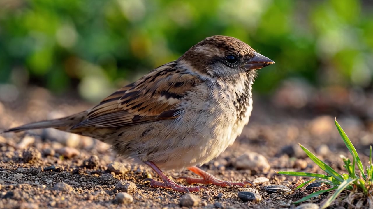 Et charmerende spurveportræt: Fanger den dejlige essens af en lille fugl, der synger i naturens favn, omgivet af frodigt grønt og levende jord.