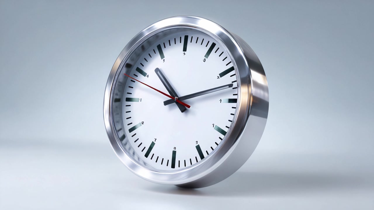 Un orologio moderno ed elegante dal design raffinato che mostra la transizione del tempo tra due fotogrammi, con lancette distintive rosse e nere su sfondo bianco.