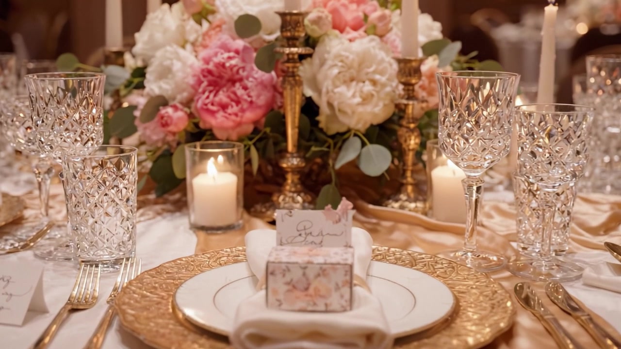 Elegant Table Setting with Floral Centerpiece and Candlelight for a Special Occasion: A Beautifully Decorated Dining Experience