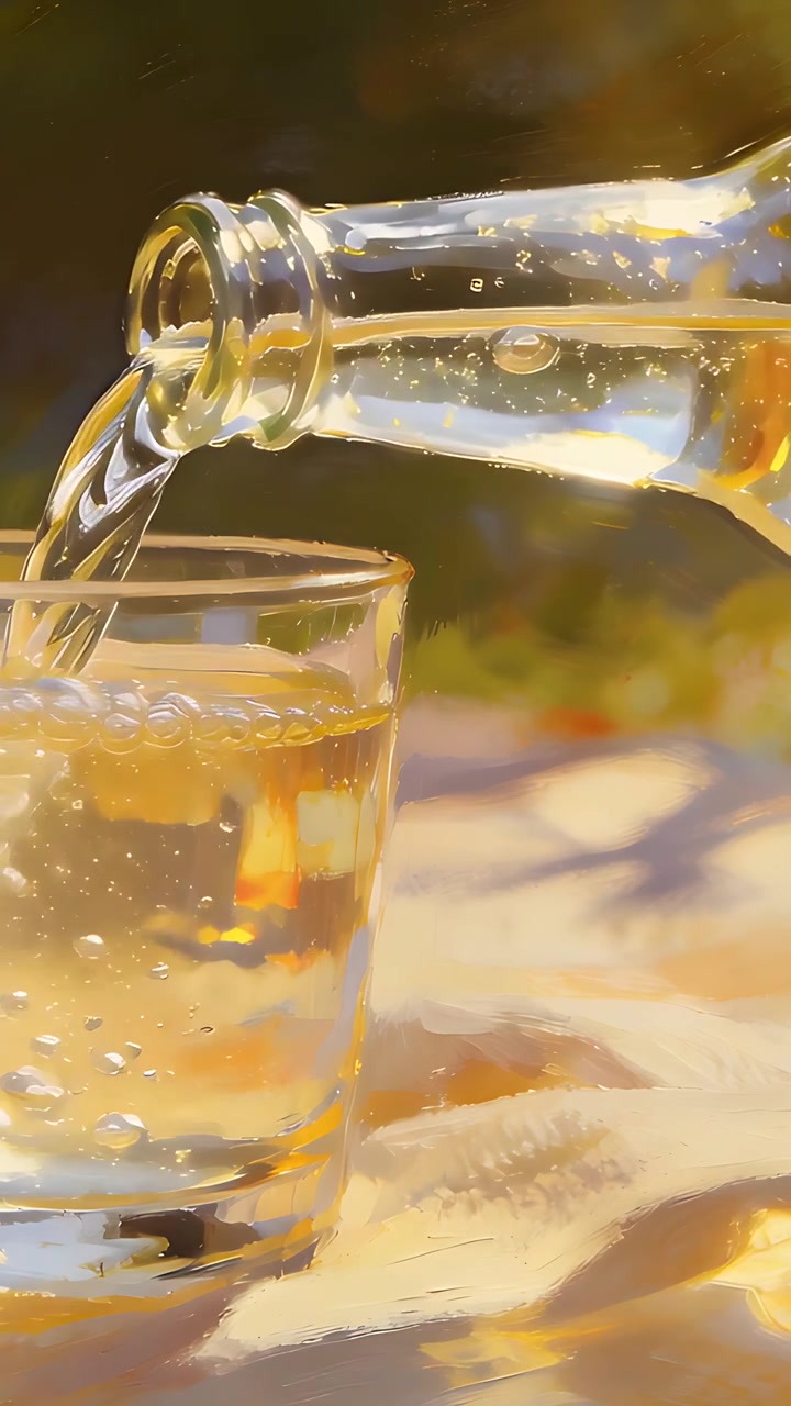Video verticale: Mano che inclina una bottiglia versando liquido trasparente per riempire un bicchiere basso su un panno con bollicine.