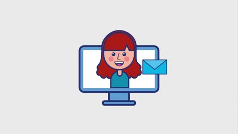 young girl in screen computer love and message