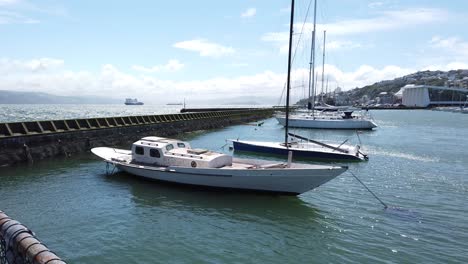 a white boat docked in oriental bay wharf in wellington new zealand on a sunny day