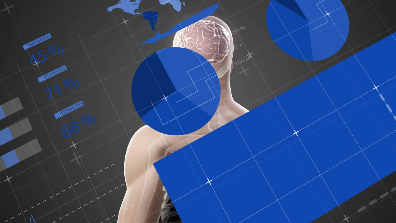 Human anatomy and brain analysis animation over global data and charts