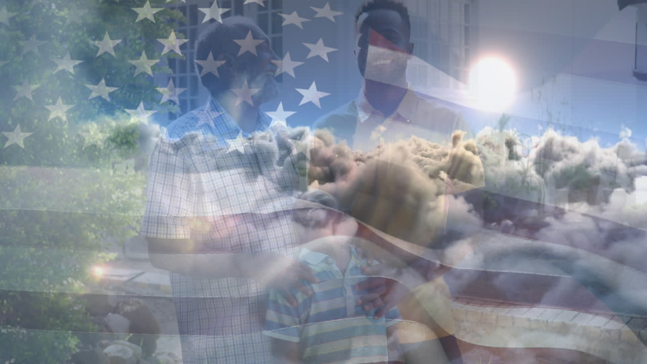 animación de la bandera de los estados unidos ondeando sobre el abuelo afroamericano, el padre y el nieto