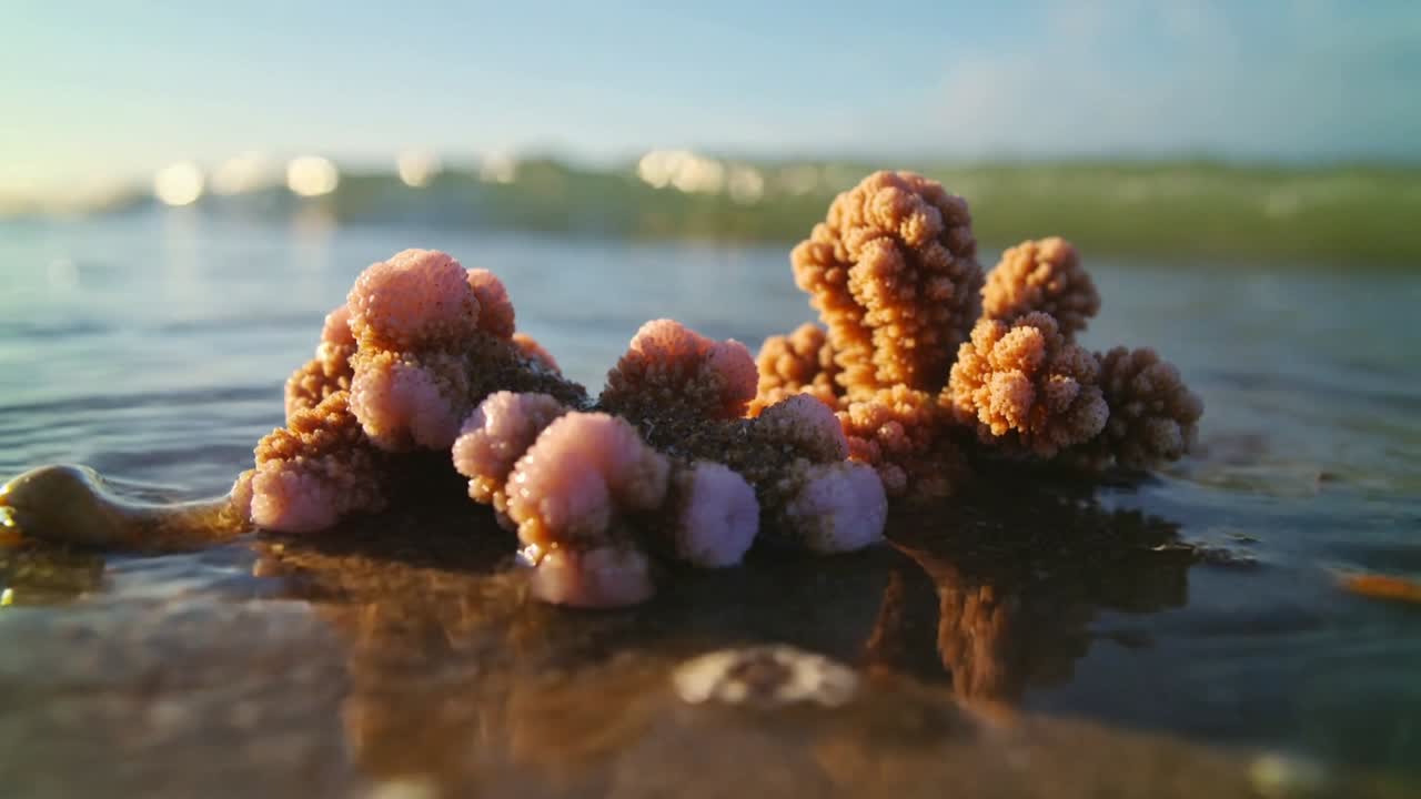 Camera filming creeping seafoam wave wetting small pink brown cluster on wet sand as tide rising