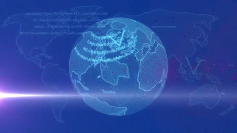 Animation-of-mandarin-language-on-rotating-globe-over-map-against-blue-background