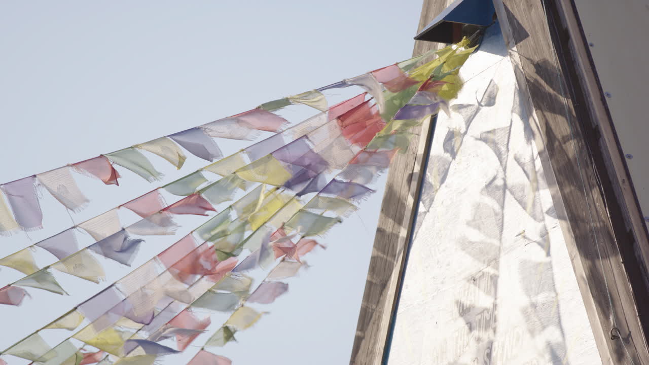 Focus pull to Tibetan prayer flags flying above Oslo music and arts venue Salt
