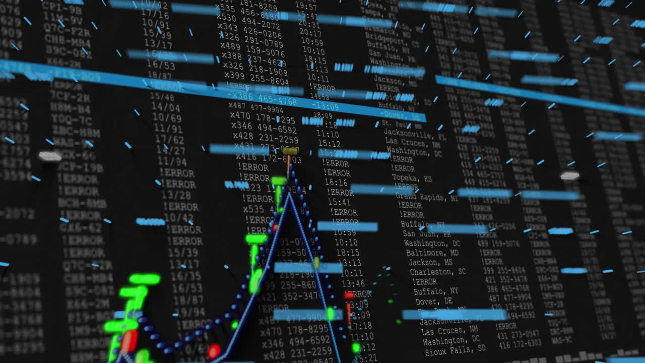 Digital interface showing code columns with flashing errors and moving bars and neon graph pulsing