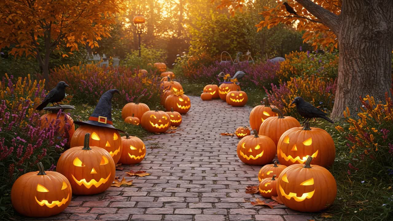 A Spooky Autumn Pathway Adorned with Glowing Jack-o'-Lanterns and Vibrant Fall Foliage in a Trick-or-Treat Halloween Display