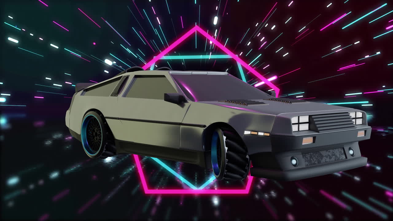 Animazione di un'auto futuristica che ruota su esagoni al neon e raggi di luce su sfondo nero