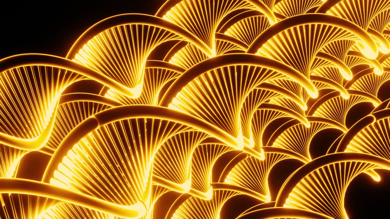 추상적인 플라스틱의 황금 이 검은 바탕에 고립되어 펼쳐져 있습니다. 디자인: 나선형 긴 물결 모양의 인물들이 모두 함께 움직입니다.