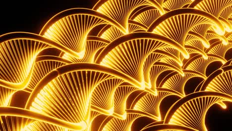 close up of abstract plastic golden springs stretching isolated on a black background. design. spiral shaped long wavy figures moving all together.