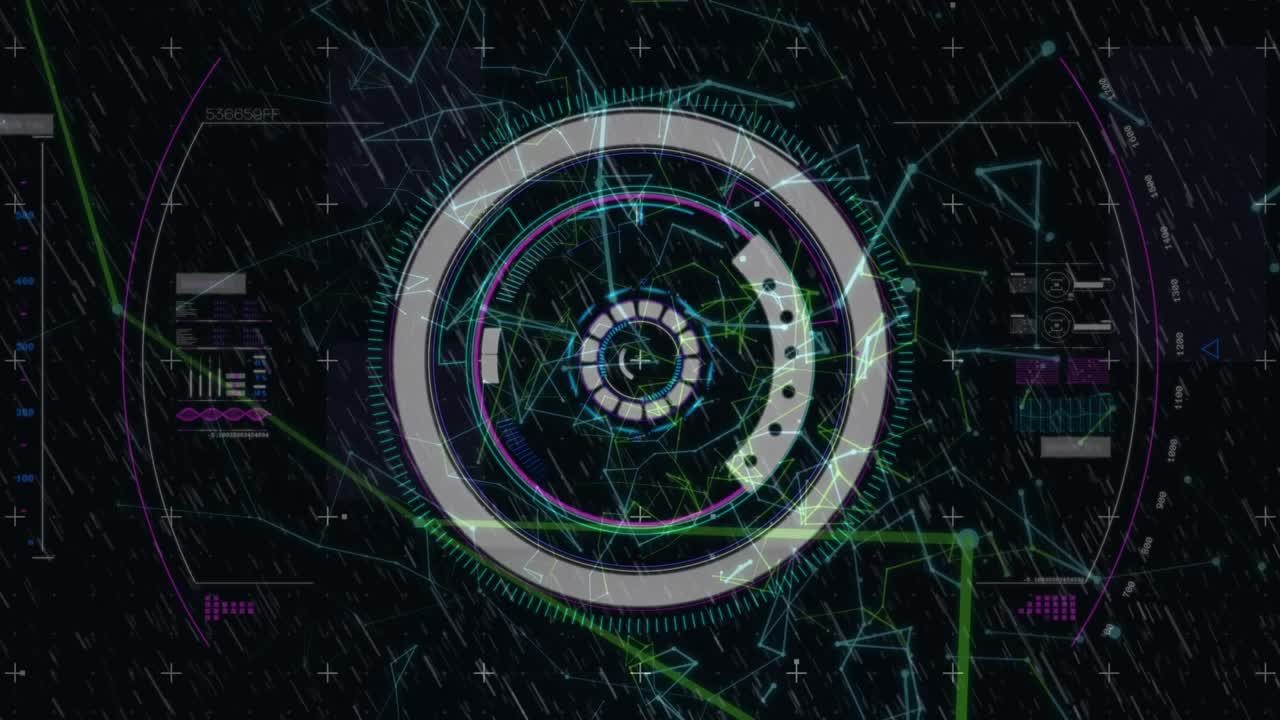 Animation of processing circle over diverse data on black background