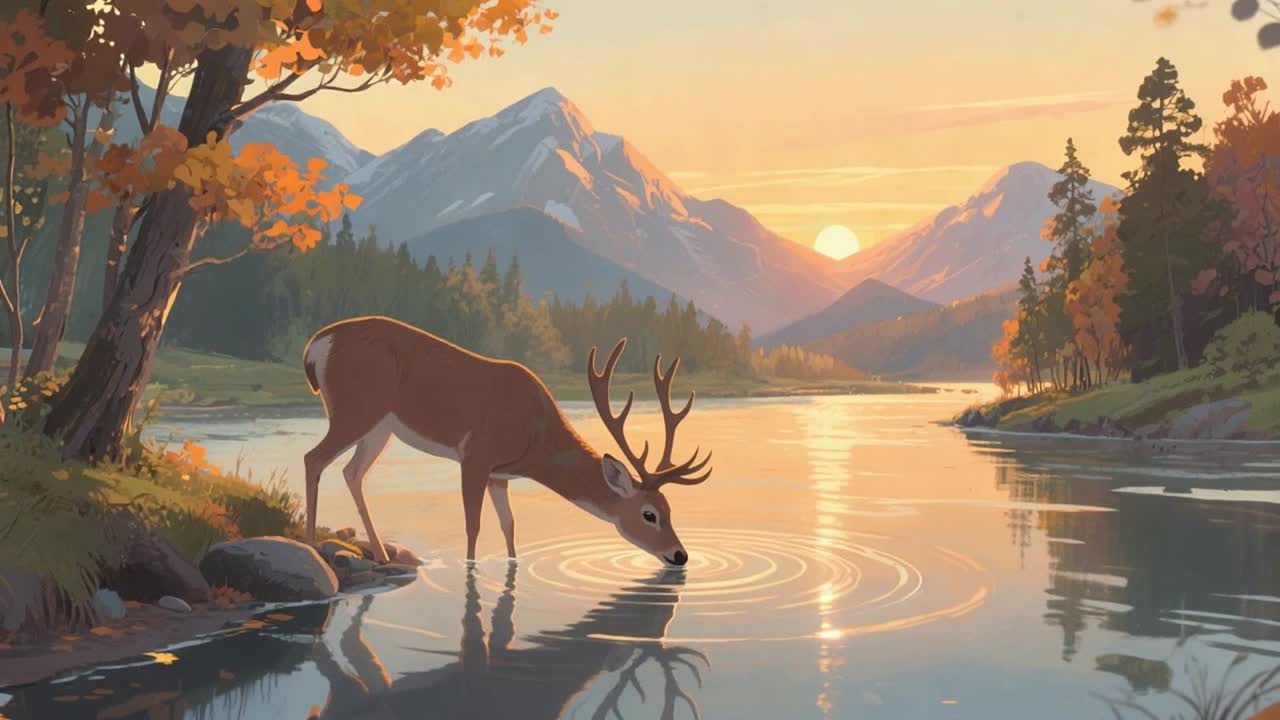 Deer drinking water in a lake while the water ripples