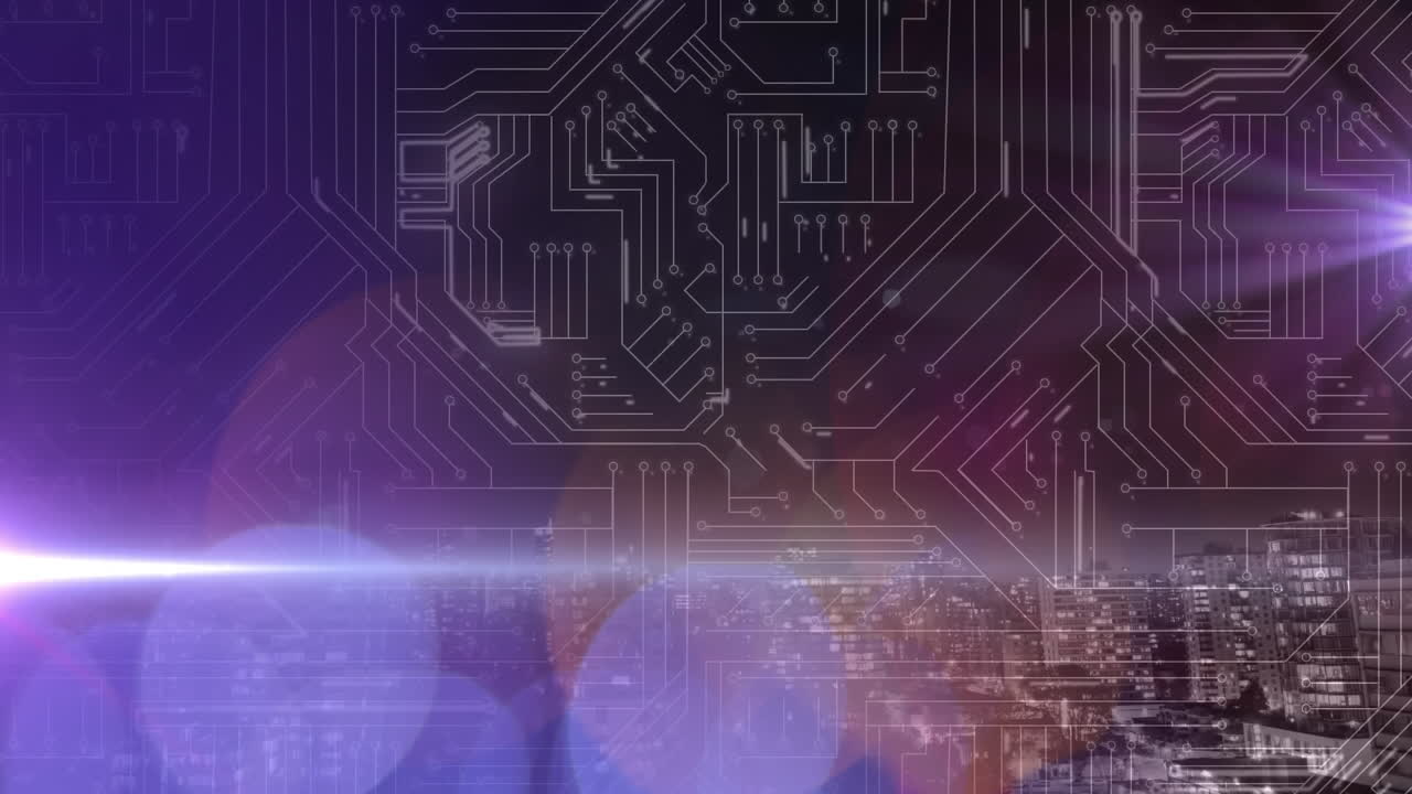 animación del procesamiento de datos en una placa de circuito luminoso de computadora