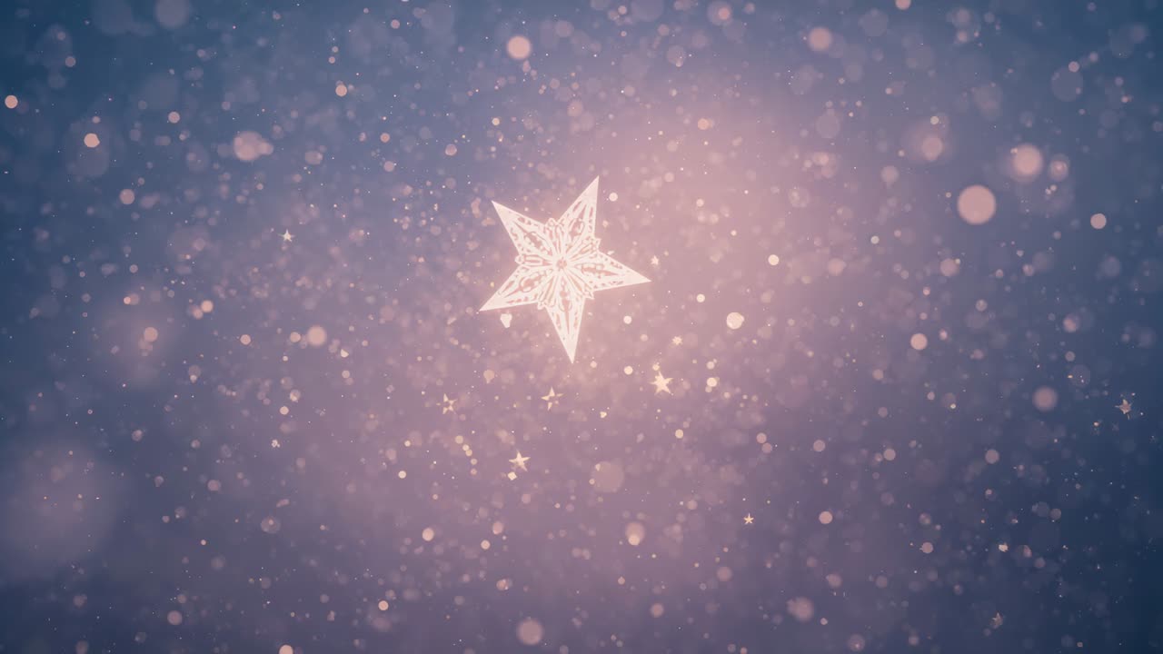 Stella a cinque punte rotante che pulsa dall'inizio dell'animazione su gradiente da studio, bokeh scintillanti alla deriva
