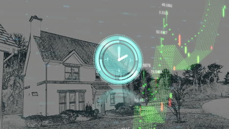 animación de reloj que se mueve rápido y estadísticas con procesamiento de datos sobre el paisaje urbano