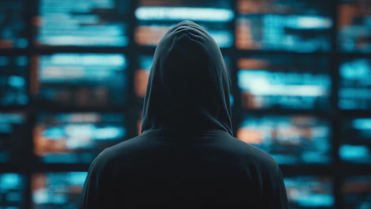 Figura misteriosa con sudadera con capucha observando pantallas digitales vibrantes, capturando la esencia de un mundo moderno y tecnocéntrico lleno de información y sobrecarga de datos
