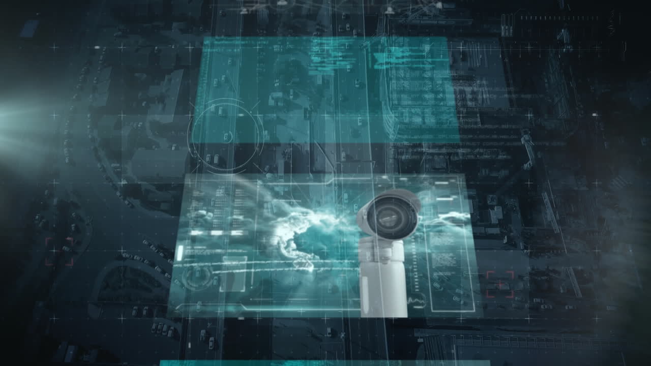 animación del procesamiento de datos sobre el paisaje urbano.