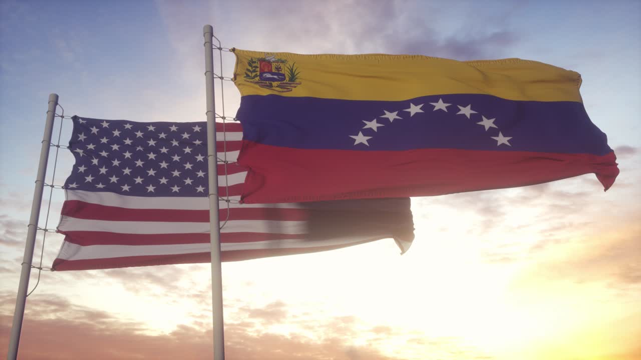Venezuela and United States flag on flagpole. Venezuela and USA waving flag in wind. Venezuela and United States diplomatic concept