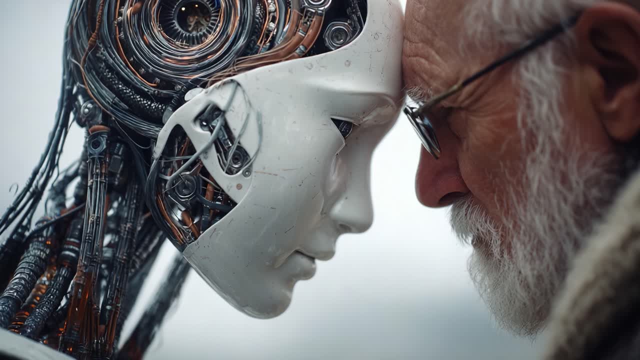 An Intriguing Encounter: A Thoughtful Exchange Between an Elderly Man and an Intricately Designed Robot, Exploring Themes of Connection and Humanity