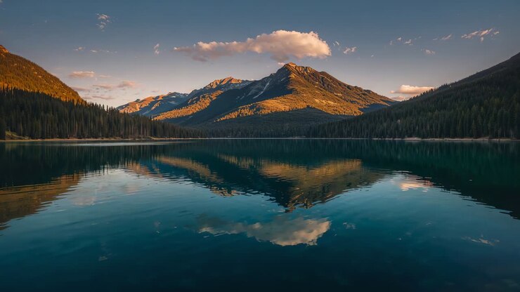 Specchio increspato di vette montuose e nuvole su un lago alpino, brezza che increspa l'acqua, conifere