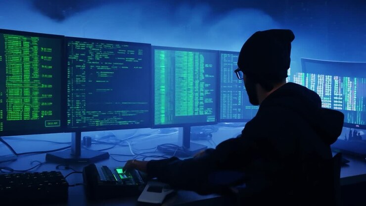 Hacker koder på flere skærme i et mørkt rum