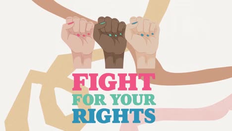 animation of fight for your rights text with fist icons over lines on white background