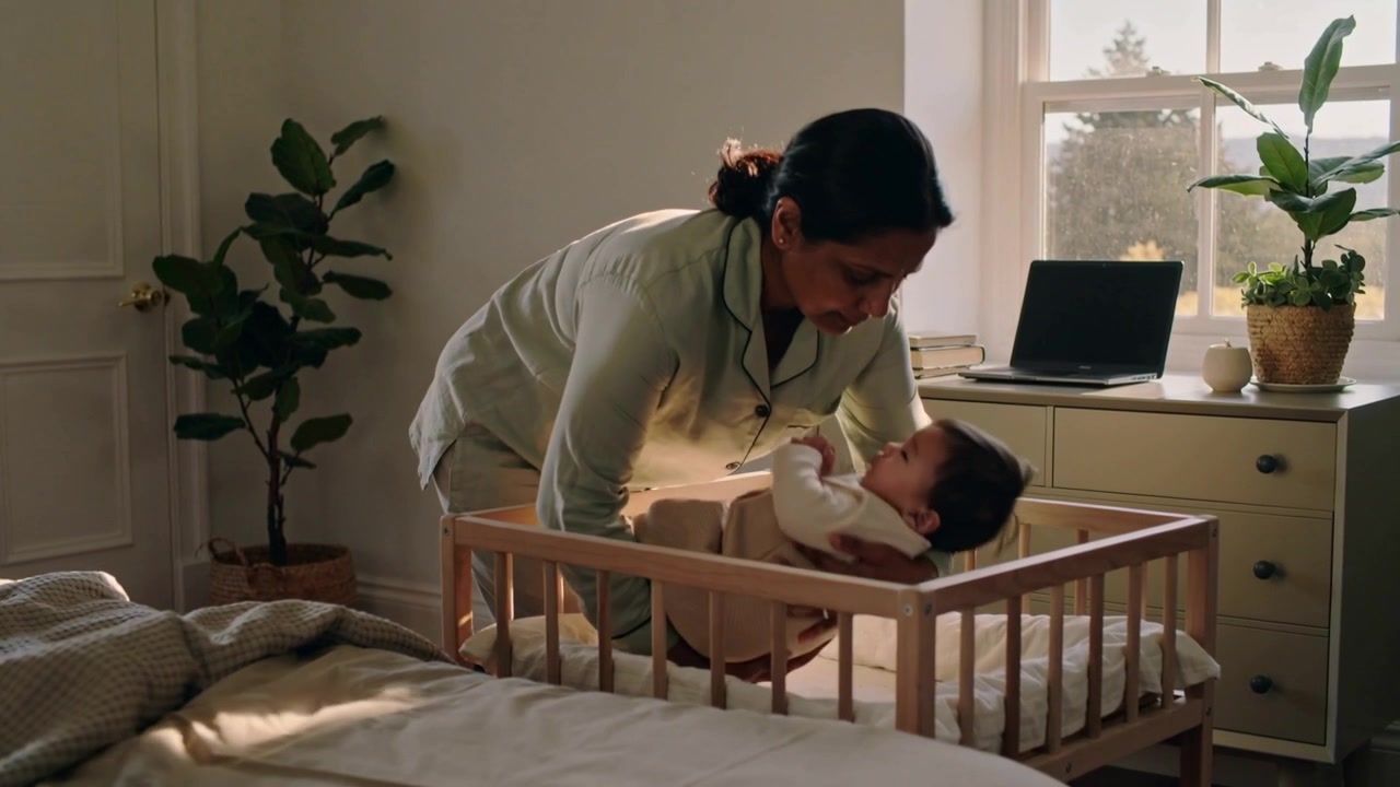 Cradling mother in pjs placing swaddled baby into crib at sunlit bedroom, settling baby
