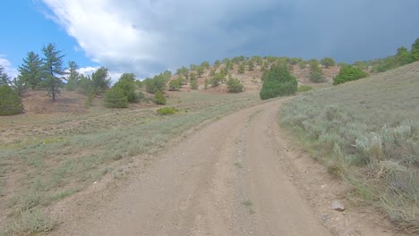 pov conduciendo en un vehículo todo terreno en un estrecho camino de tierra en las montañas rocosas de colorado
