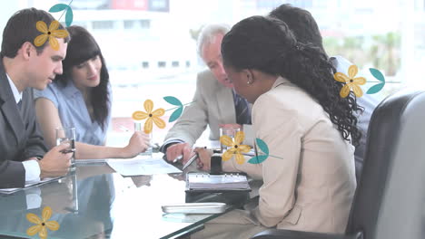 animation of red pattern over diverse female business people clapping hands