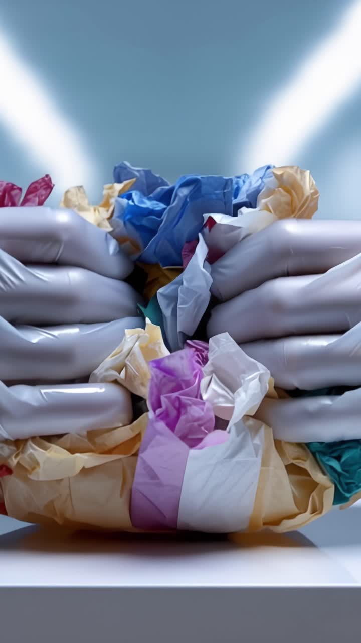 Exploring the Contrast of Waste and Beauty: A Visual Journey Through Colorful Plastic Trash Piled Artfully in Hands and Containers