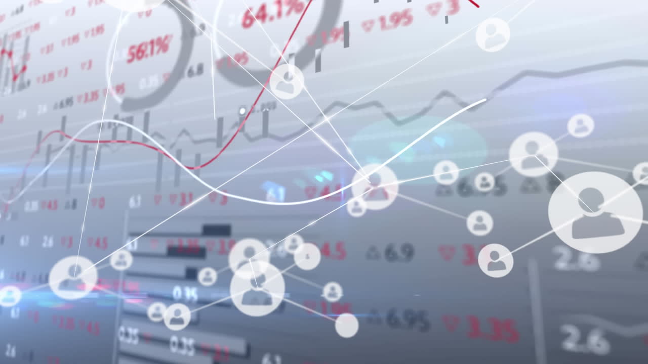 아이콘으로 연결된 네트워크를 통해 금융 데이터 처리를 하는 선의 애니메이션