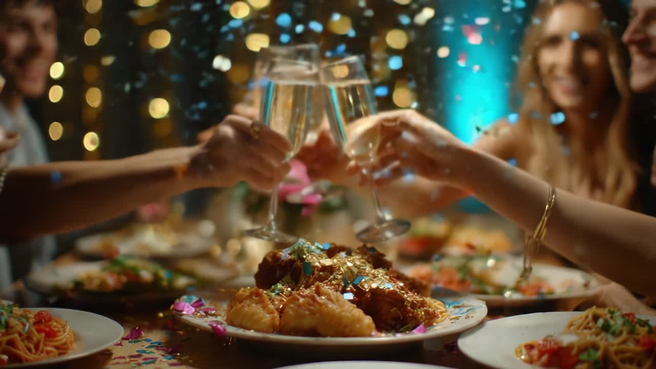 Celebratory Feast with Clinking Glasses and Festive Decorations, Where Friends Gather Around a Table Brimming with Delicious Food, Sparkling Drinks, and Colorful Confetti Amidst a Joyful Atmosphere
