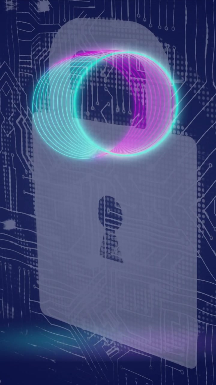 Animation of neon circles over integrated circuit and digital padlock
