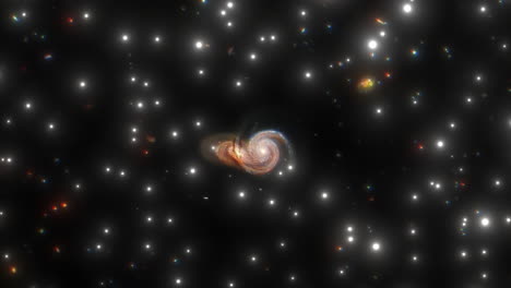 stars fly through with twin spiral galaxies twirling with millions of suns and planets. deep space exploration photo animation. space background 3d abstract prores 4k.