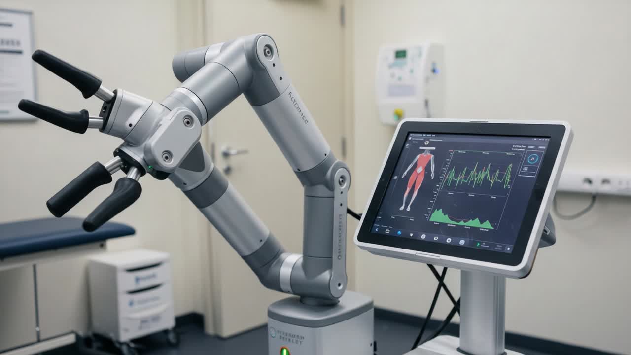 Advanced Robotic Rehabilitation System in a Modern Medical Facility with Interactive Touchscreen Monitoring Patient Progress in Real Time
