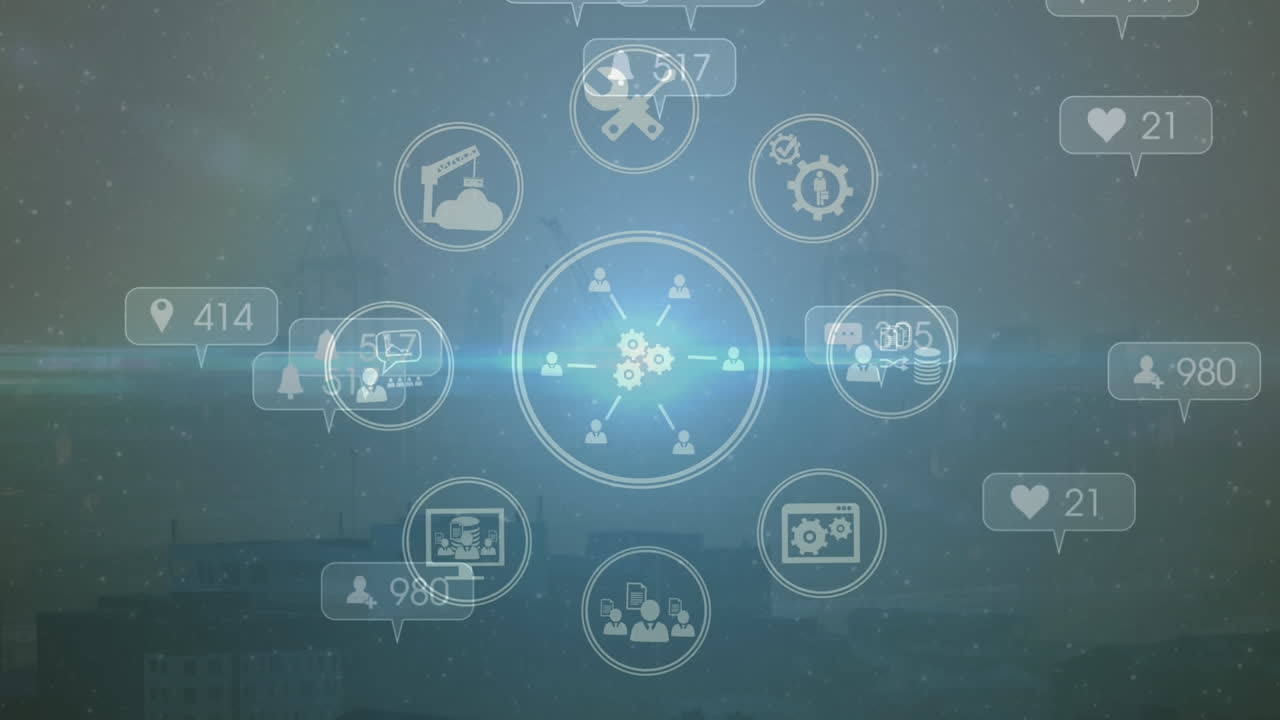 Animation of digital icons over cityscape