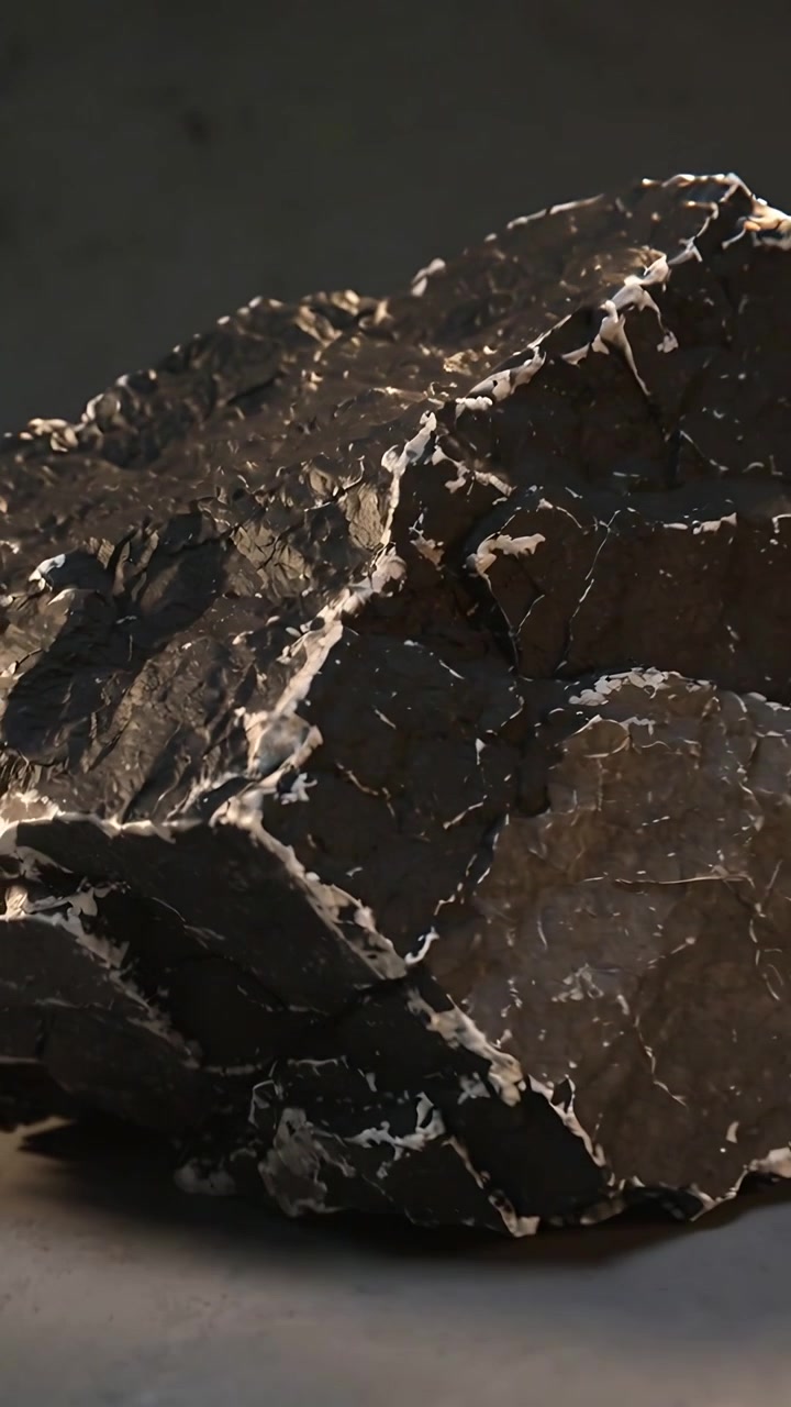 Vertical video: Pulling camera from macro to reveal dark rock with veins on table, showing form