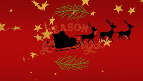 Animation-of-golden-stars-over-seasons-greetings-text-banner-against-red-background