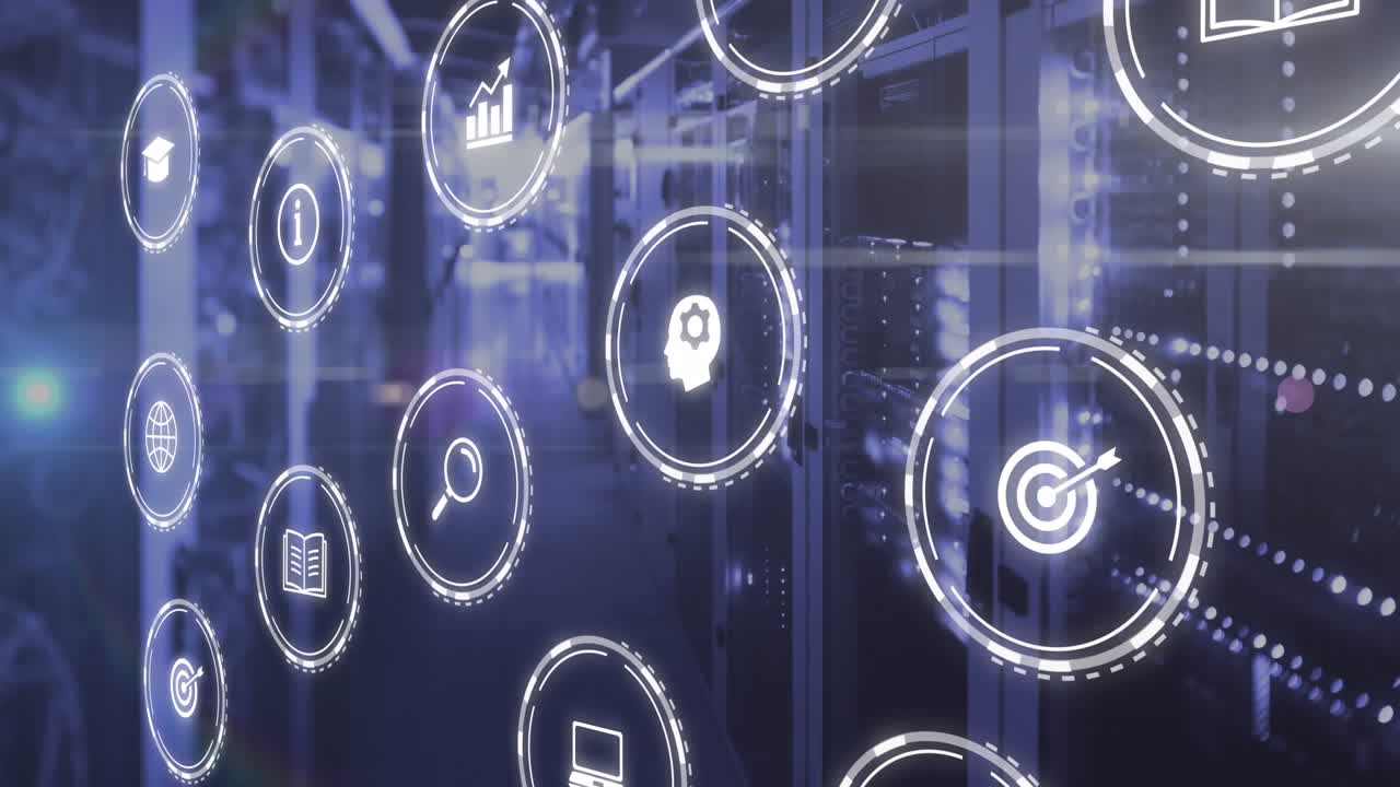 animación de múltiples iconos digitales y puntos de luz contra la sala del servidor de la computadora