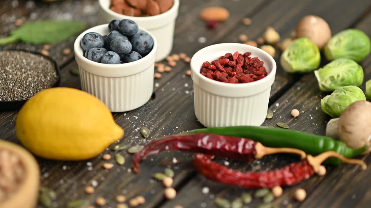 Diversi tipi di frutta, verdura e fagioli su una superficie in legno
