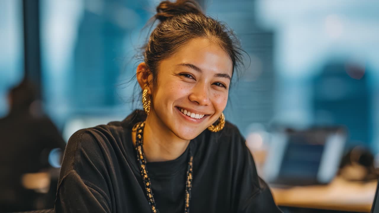 A Confident Young Woman Engaging in Conversation in a Modern Office Setting, Emitting Warmth and Positive Energy while Sharing Her Thoughts and Ideas with Enthusiasm