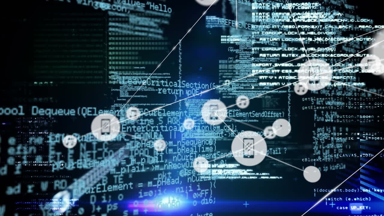 Animation of network of connection with icons over black and blue background with data processing