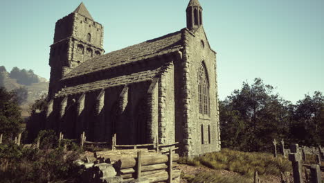 ancient stone church in a mountainous landscape