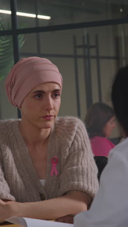 vertical video of serious young woman patient wearing headscarf undergoing chemotherapy treatment for breast cancer meeting with oncologist or doctor in hospital 1