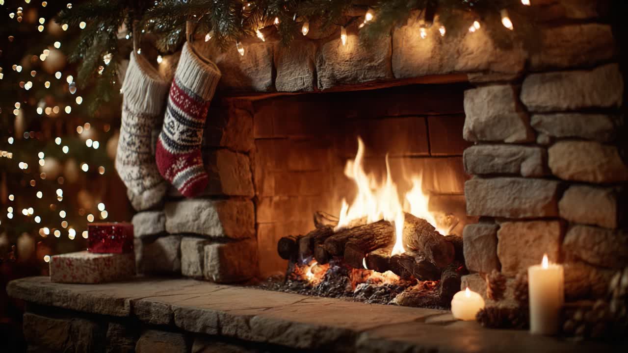 A Cozy Holiday Fireplace Setting with a Warm Fire, Stockings Hanging, and Festive Decorations Providing a Perfect Atmosphere for Winter Gatherings