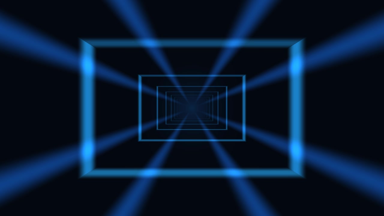 Un túnel azul con líneas luminosas y formas rectangulares moviéndose dinámicamente. El fondo oscuro contrasta con elementos brillantes, creando un efecto visual atractivo
